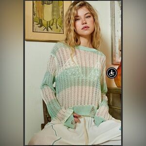 POL Mint and Cream Striped Knit Top